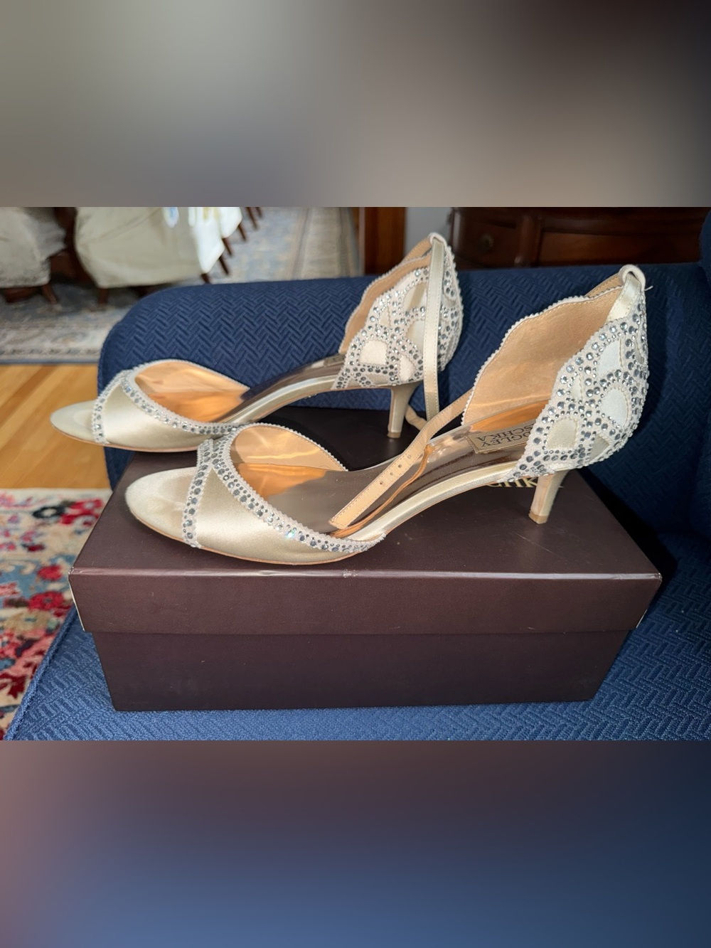 Badgley Mischka Ivory/Cream Satin D'Orsay Heels with Crystal Embellishment